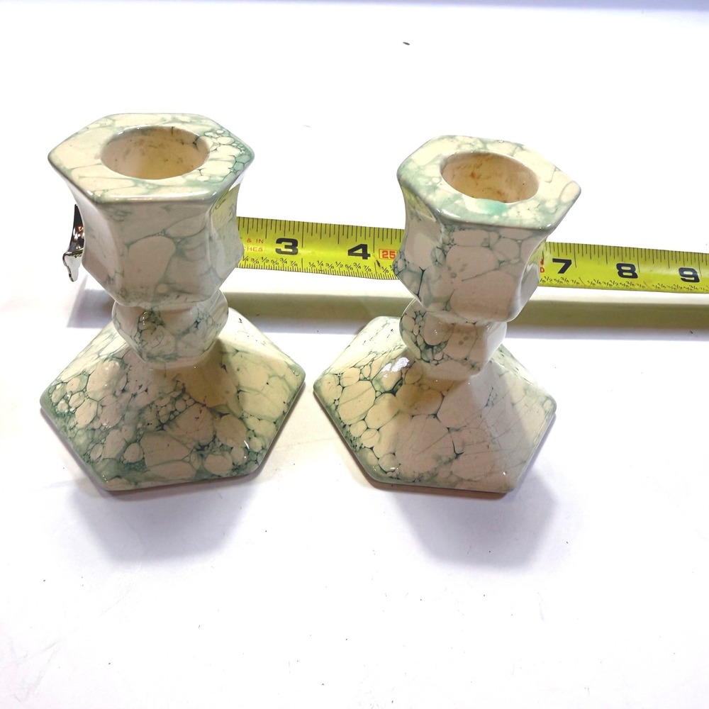 Vintage PartyLite Green Marbled Ceramic Taper Candlestick Holders Set of 2 4in - Picture 1 of 6